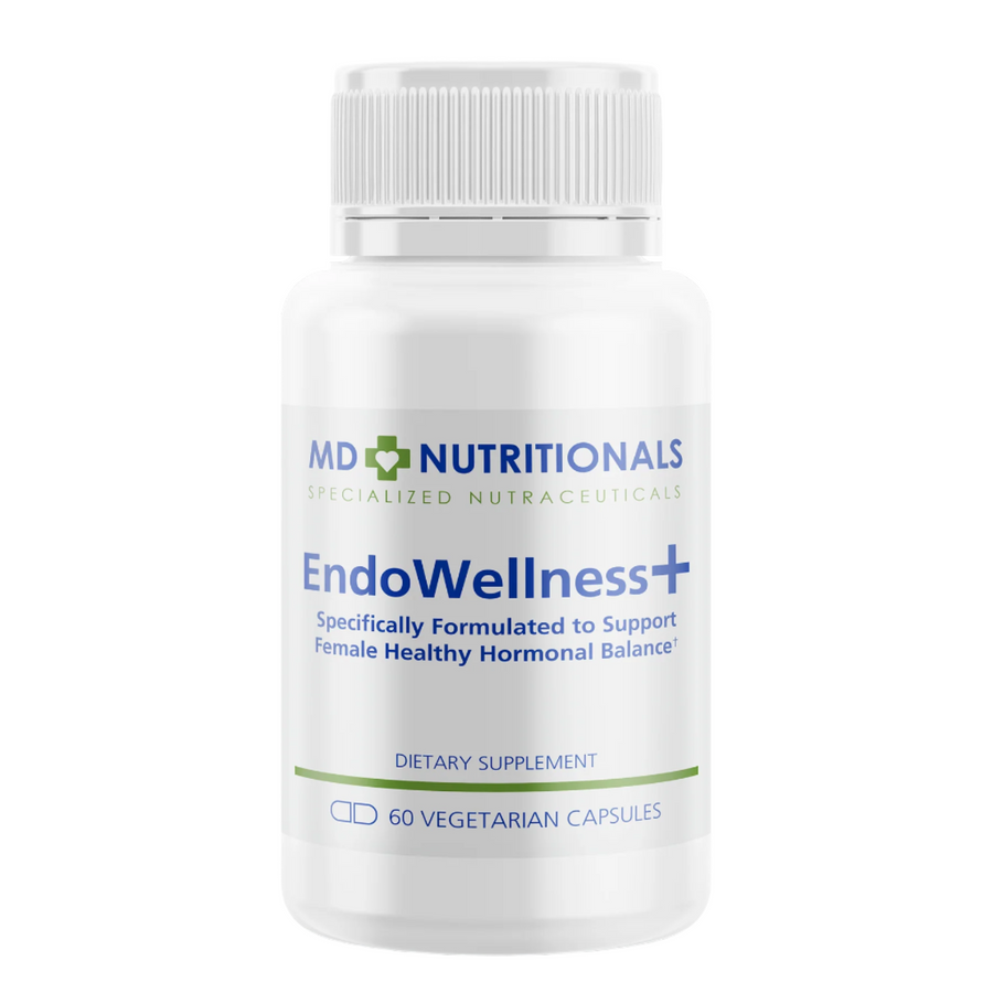 Supplement bottle labeled 'EndoWellness+' by MD Nutritionals on a white background