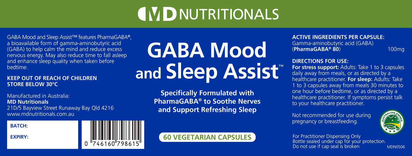 GABA Mood and Sleep Assist 60 Capsules- Contains 100mg of Gamma-aminobutyric acid (PharmaGABA® 80)